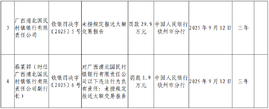 广西浦北国民村镇银行被罚29.9万元：未按规定报送大额交易报告