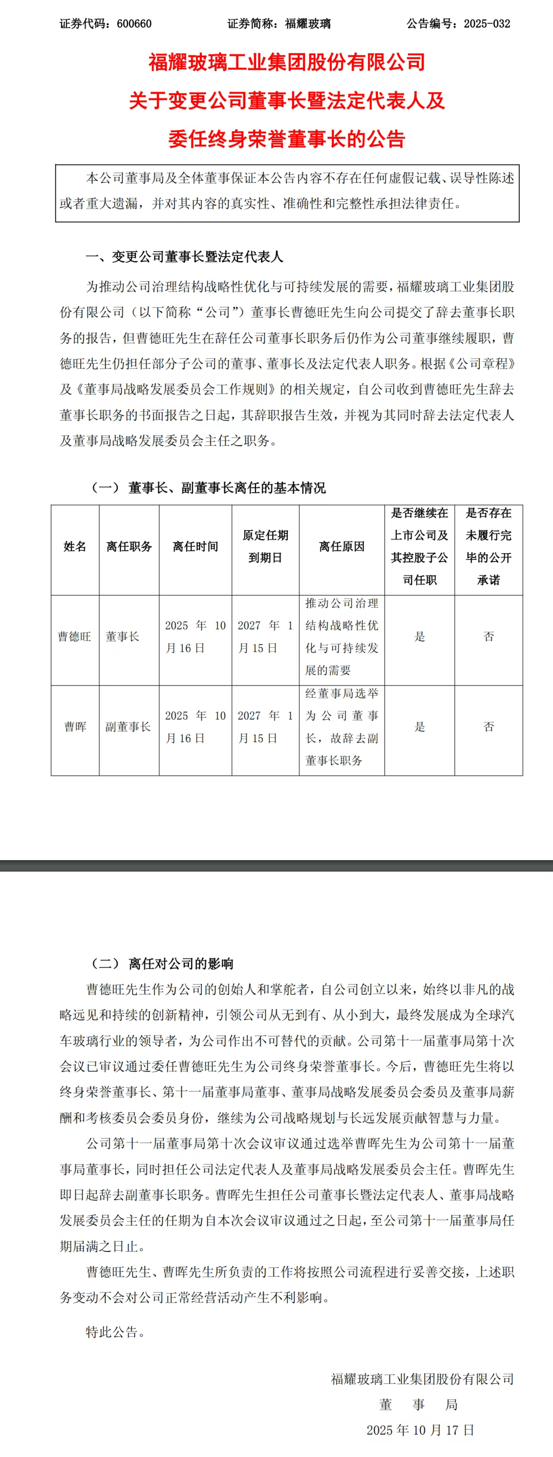 突发！曹德旺辞去福耀玻璃董事长职务！长子曹晖接任